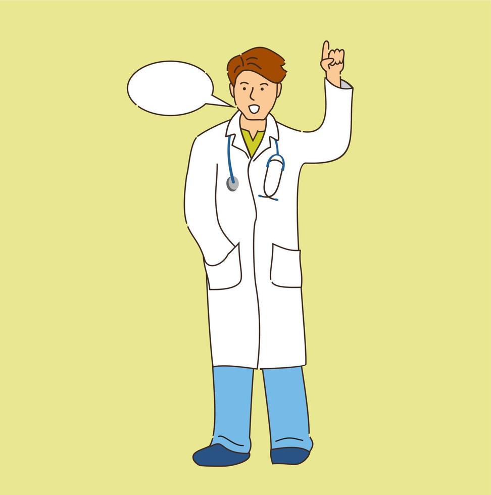 Doctor with lifted forefinger. Dialogue bubble. Physician. Medical emploee. Flat cartoon vector illustration.