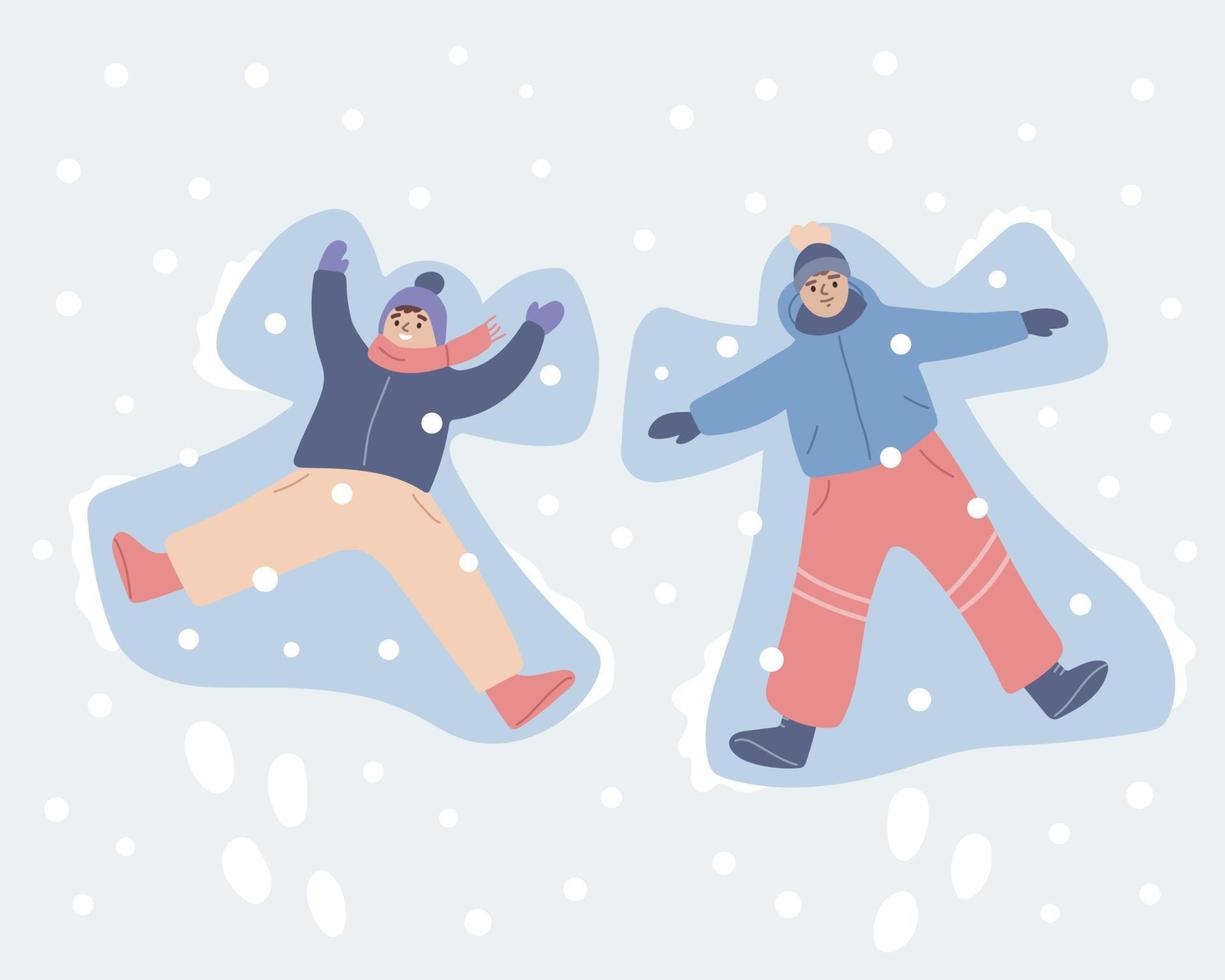 Two kids making snow angels. Winter fun, activity. Friends playing outside. Flat vector illustration.