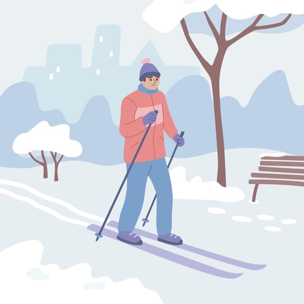 Man skiing in the park. Character rising on skis. Winter fun, activity. Flat vector illustration.