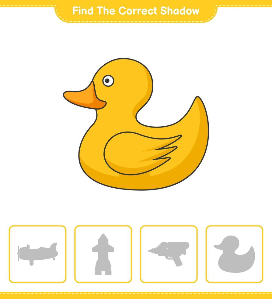 Find the correct shadow. Find and match the correct shadow of Rubber Duck. Educational children game, printable worksheet, vector illustration