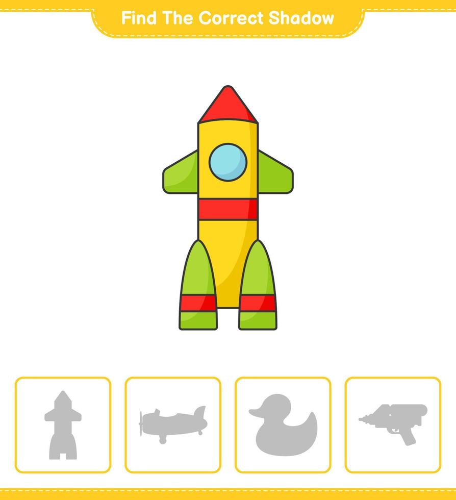 Find the correct shadow. Find and match the correct shadow of Rocket. Educational children game, printable worksheet, vector illustration