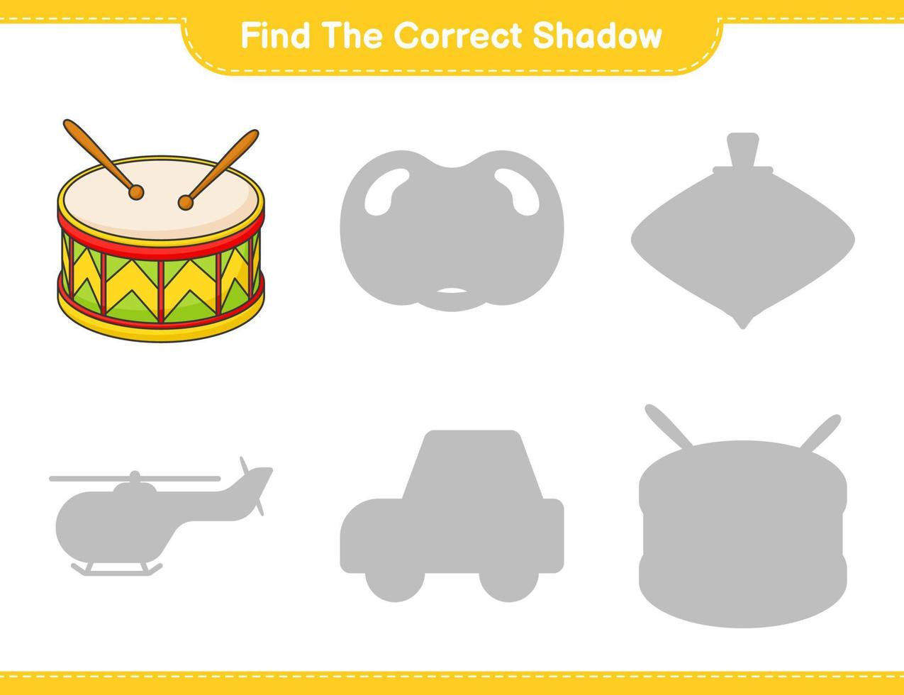 Find the correct shadow. Find and match the correct shadow of Drum. Educational children game, printable worksheet, vector illustration