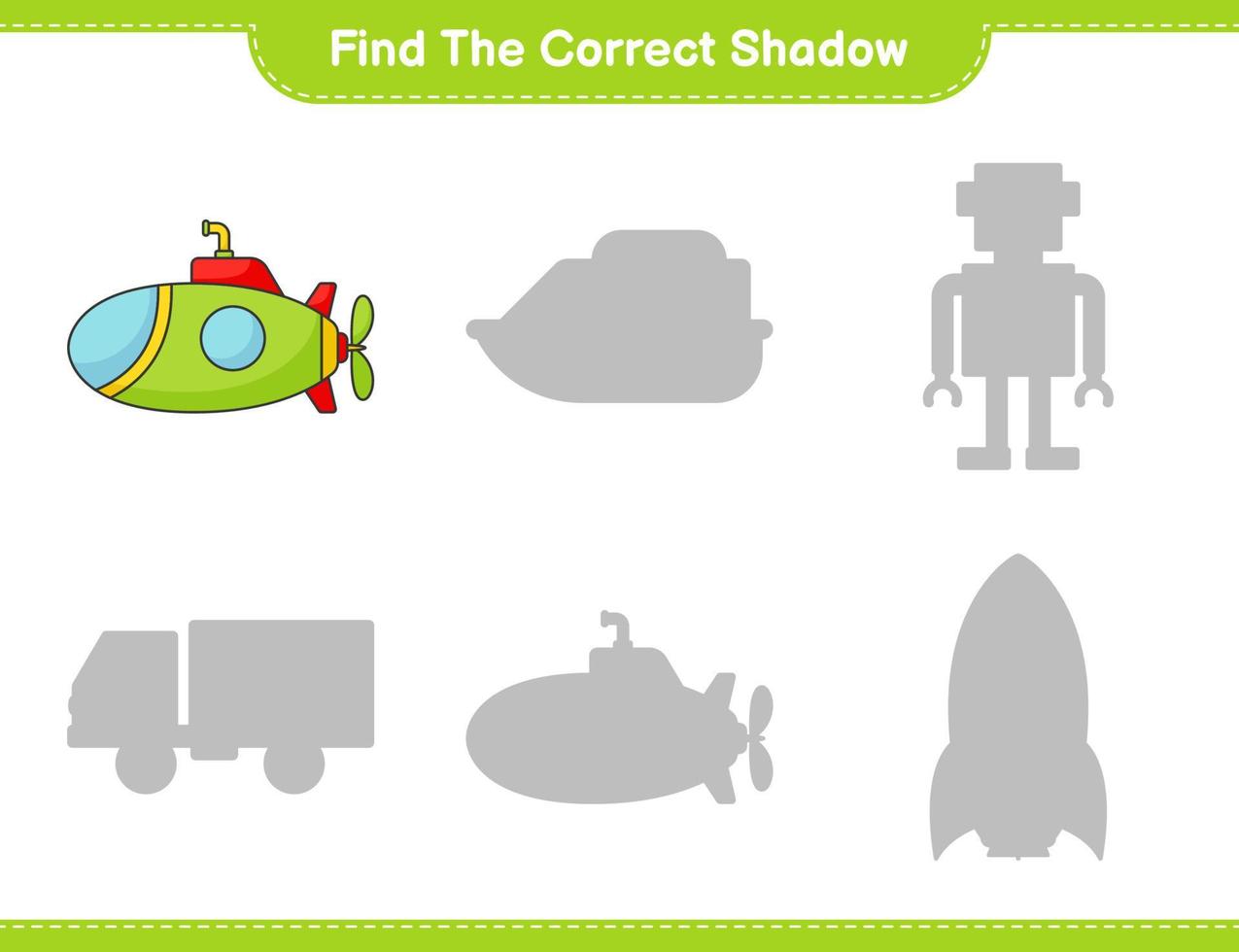 Find the correct shadow. Find and match the correct shadow of Submarine. Educational children game, printable worksheet, vector illustration