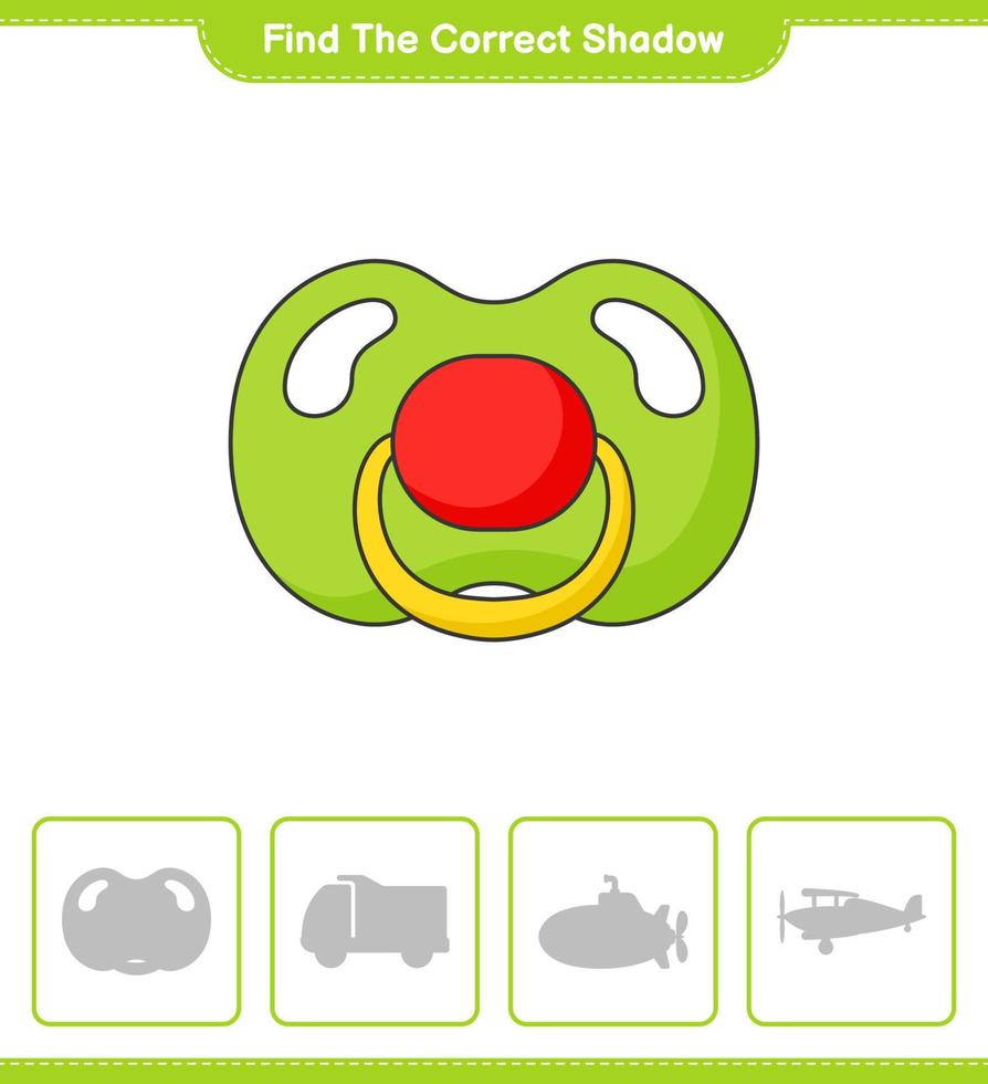 Find the correct shadow. Find and match the correct shadow of Pacifier. Educational children game, printable worksheet, vector illustration