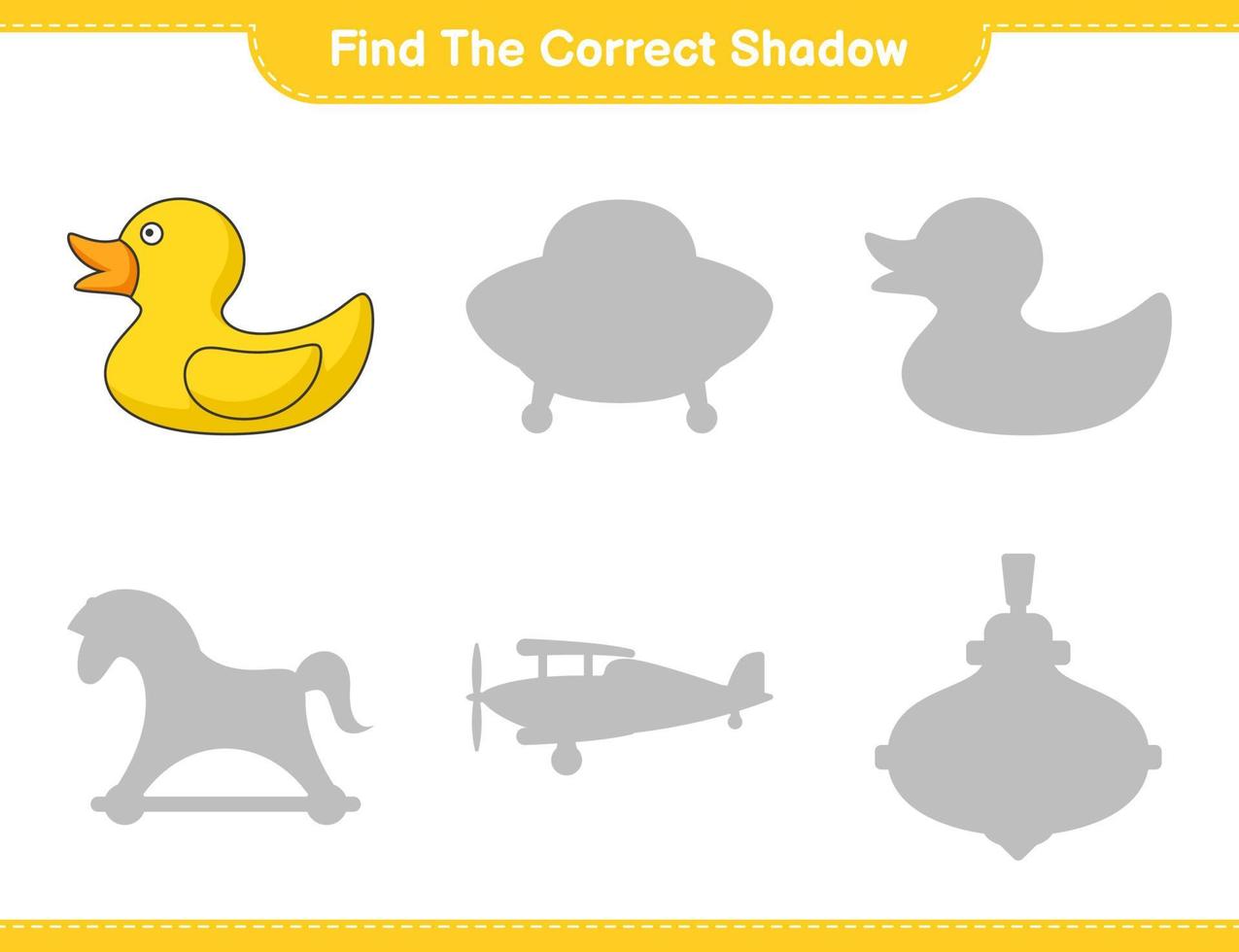 Find the correct shadow. Find and match the correct shadow of Rubber Duck. Educational children game, printable worksheet, vector illustration