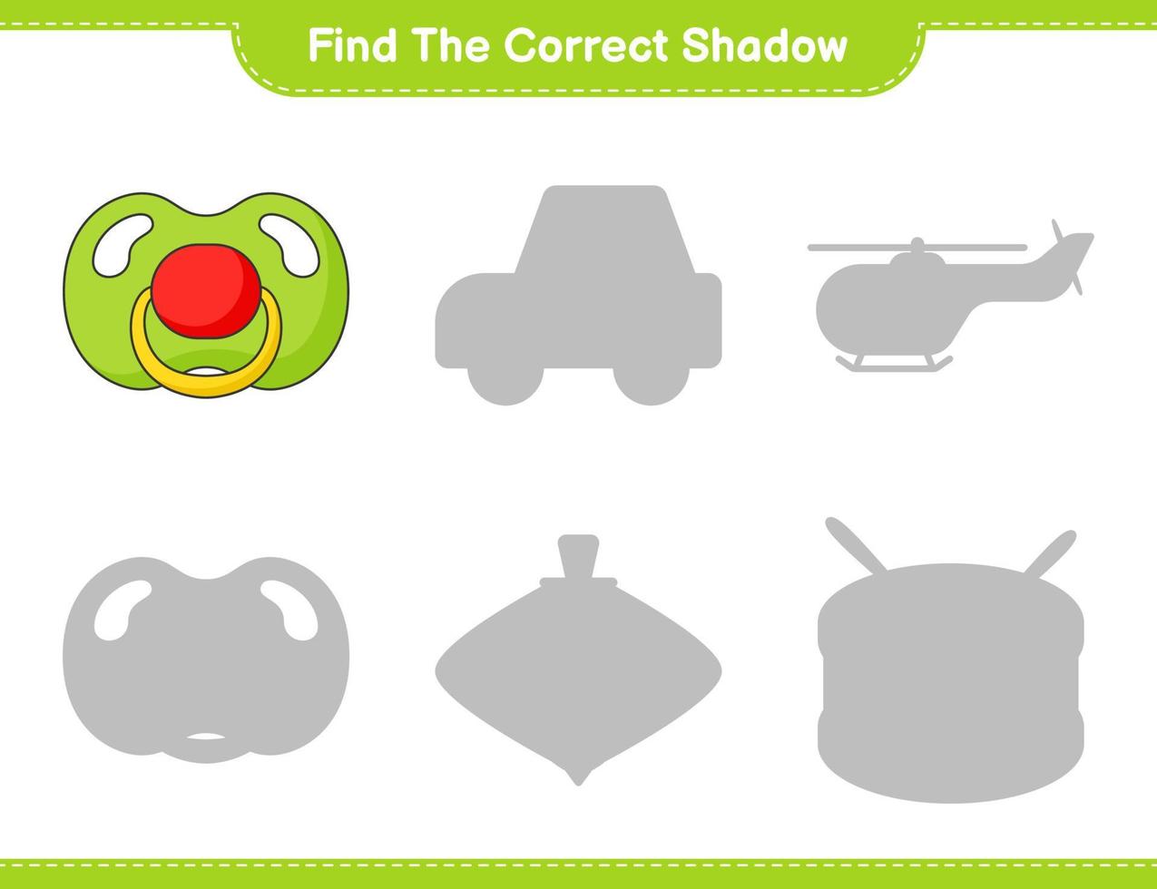 Find the correct shadow. Find and match the correct shadow of Pacifier. Educational children game, printable worksheet, vector illustration