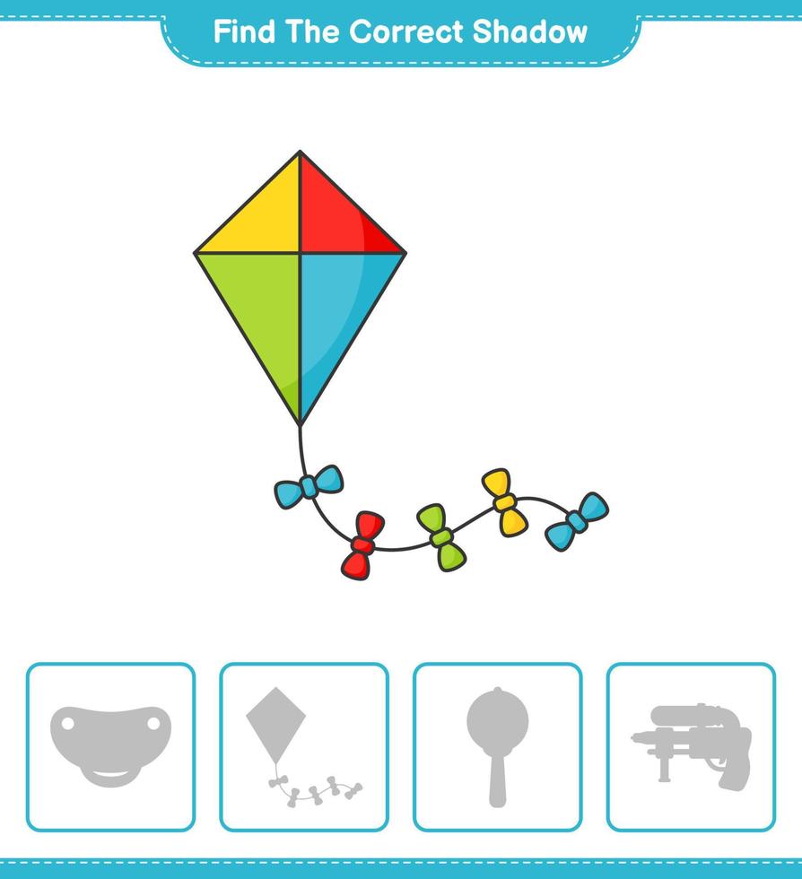 Find the correct shadow. Find and match the correct shadow of Kite. Educational children game, printable worksheet, vector illustration