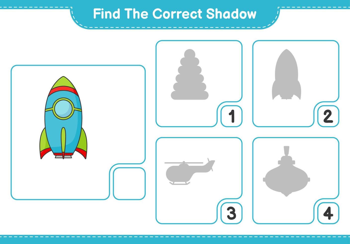 Find the correct shadow. Find and match the correct shadow of Rocket. Educational children game, printable worksheet, vector illustration