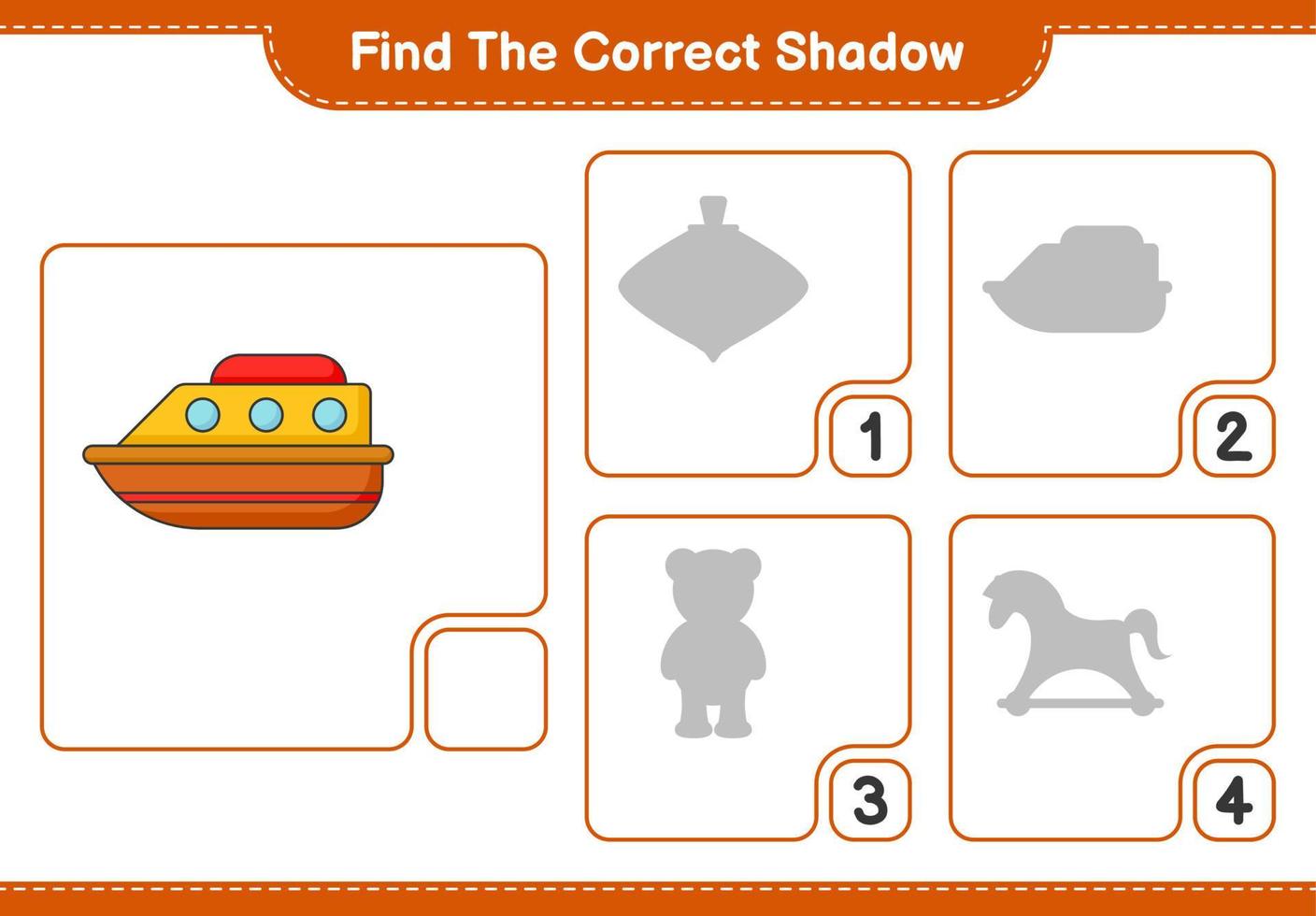 Find the correct shadow. Find and match the correct shadow of Boat. Educational children game, printable worksheet, vector illustration