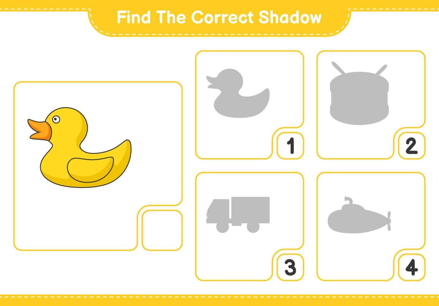 Find the correct shadow. Find and match the correct shadow of Rubber Duck. Educational children game, printable worksheet, vector illustration