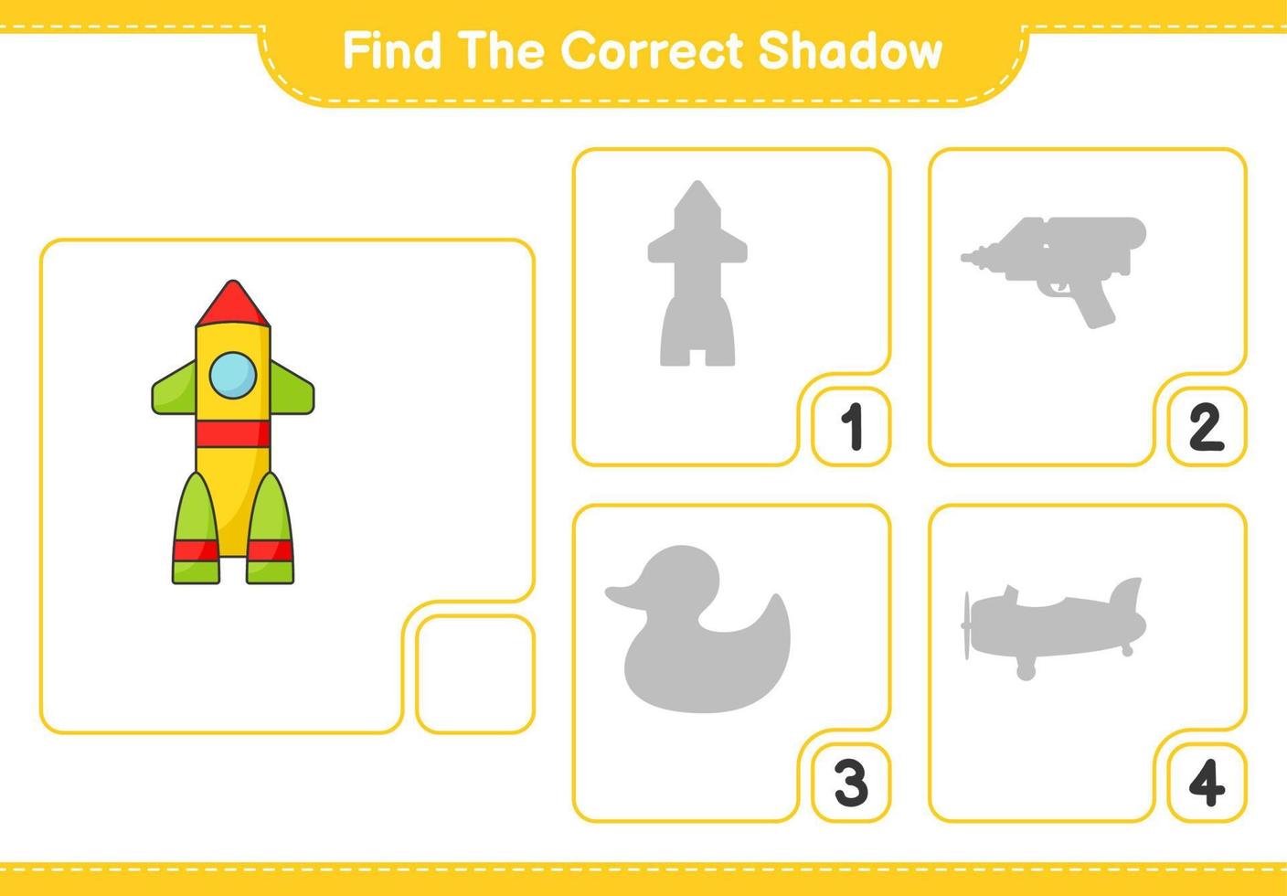 Find the correct shadow. Find and match the correct shadow of Rocket. Educational children game, printable worksheet, vector illustration
