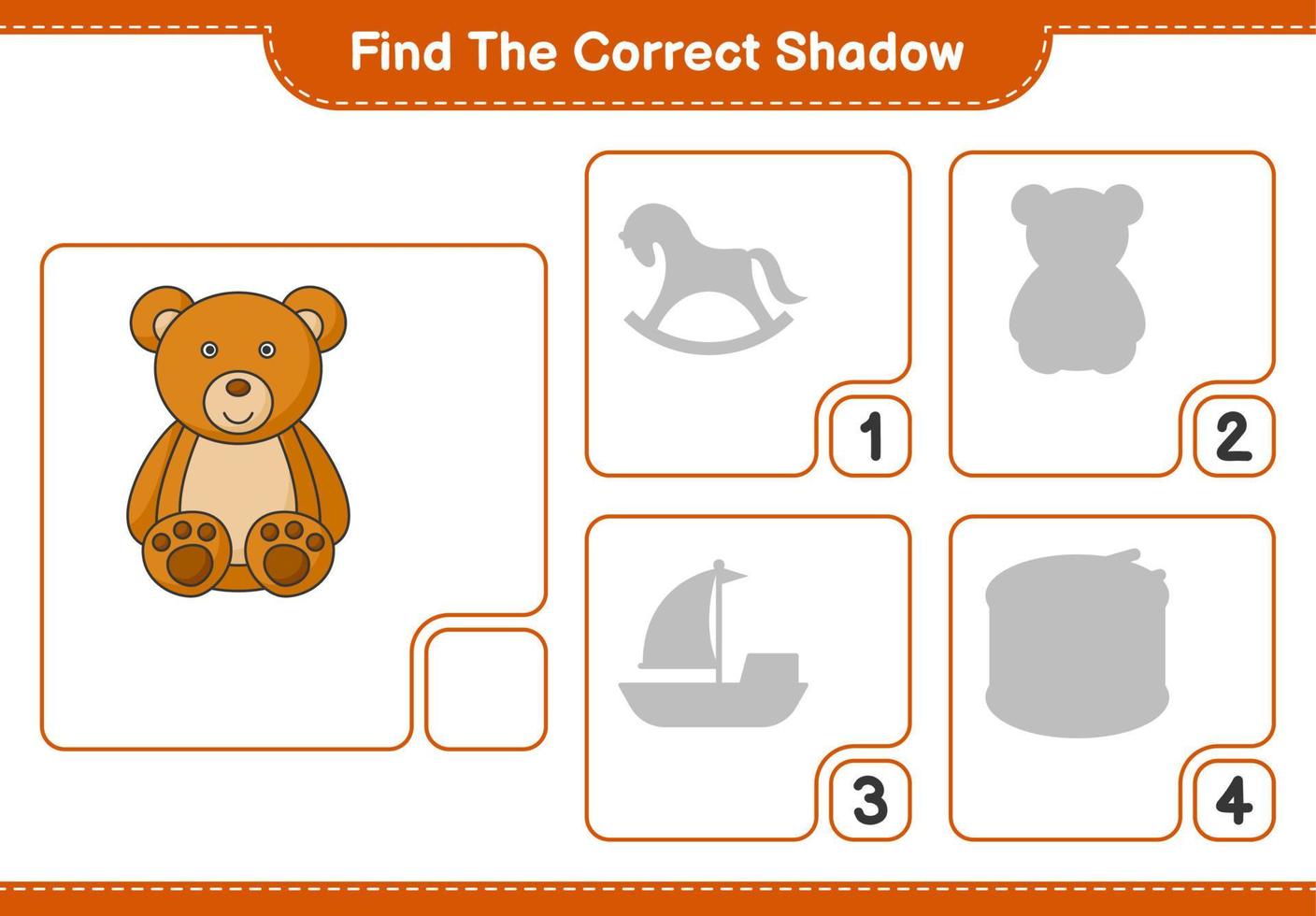 Find the correct shadow. Find and match the correct shadow of Teddy Bear. Educational children game, printable worksheet, vector illustration