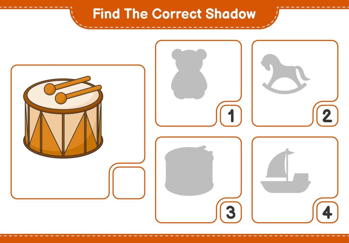 Find the correct shadow. Find and match the correct shadow of Drum. Educational children game, printable worksheet, vector illustration