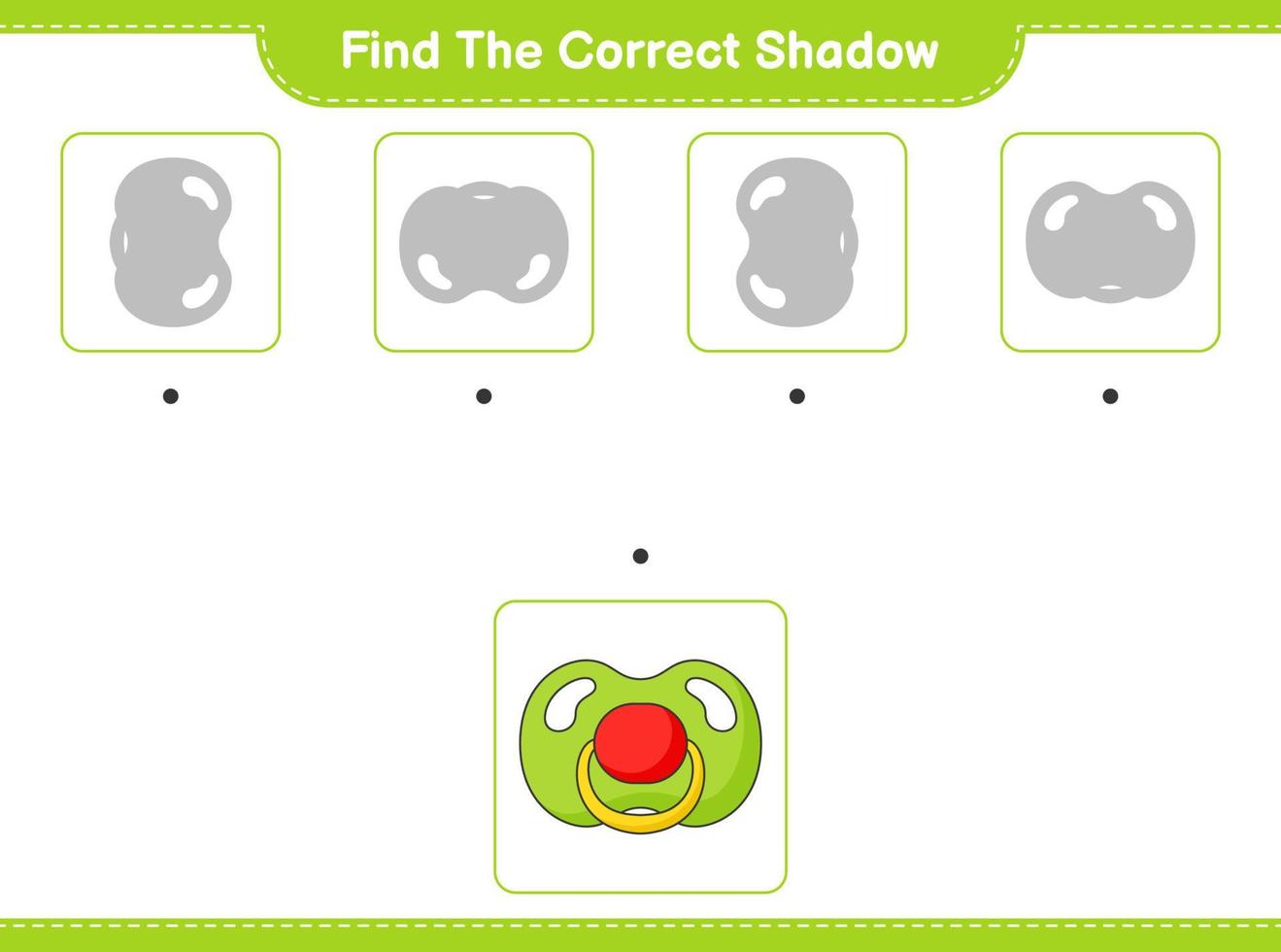 Find the correct shadow. Find and match the correct shadow of Pacifier. Educational children game, printable worksheet, vector illustration