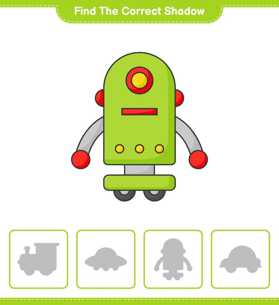 Find the correct shadow. Find and match the correct shadow of Robot Character. Educational children game, printable worksheet, vector illustration