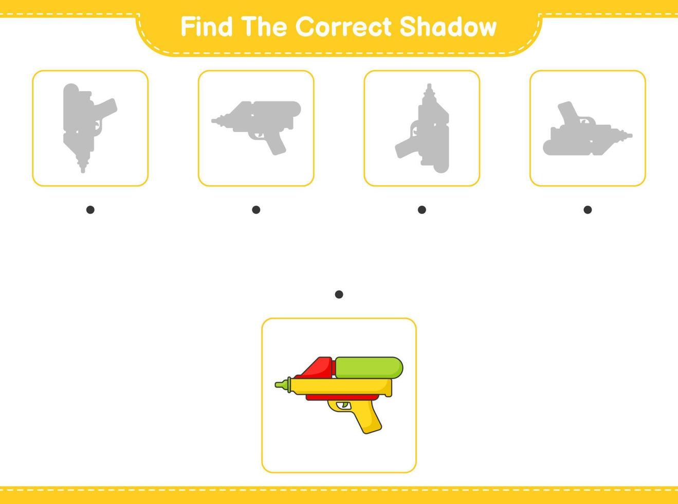 Find the correct shadow. Find and match the correct shadow of Water Gun. Educational children game, printable worksheet, vector illustration
