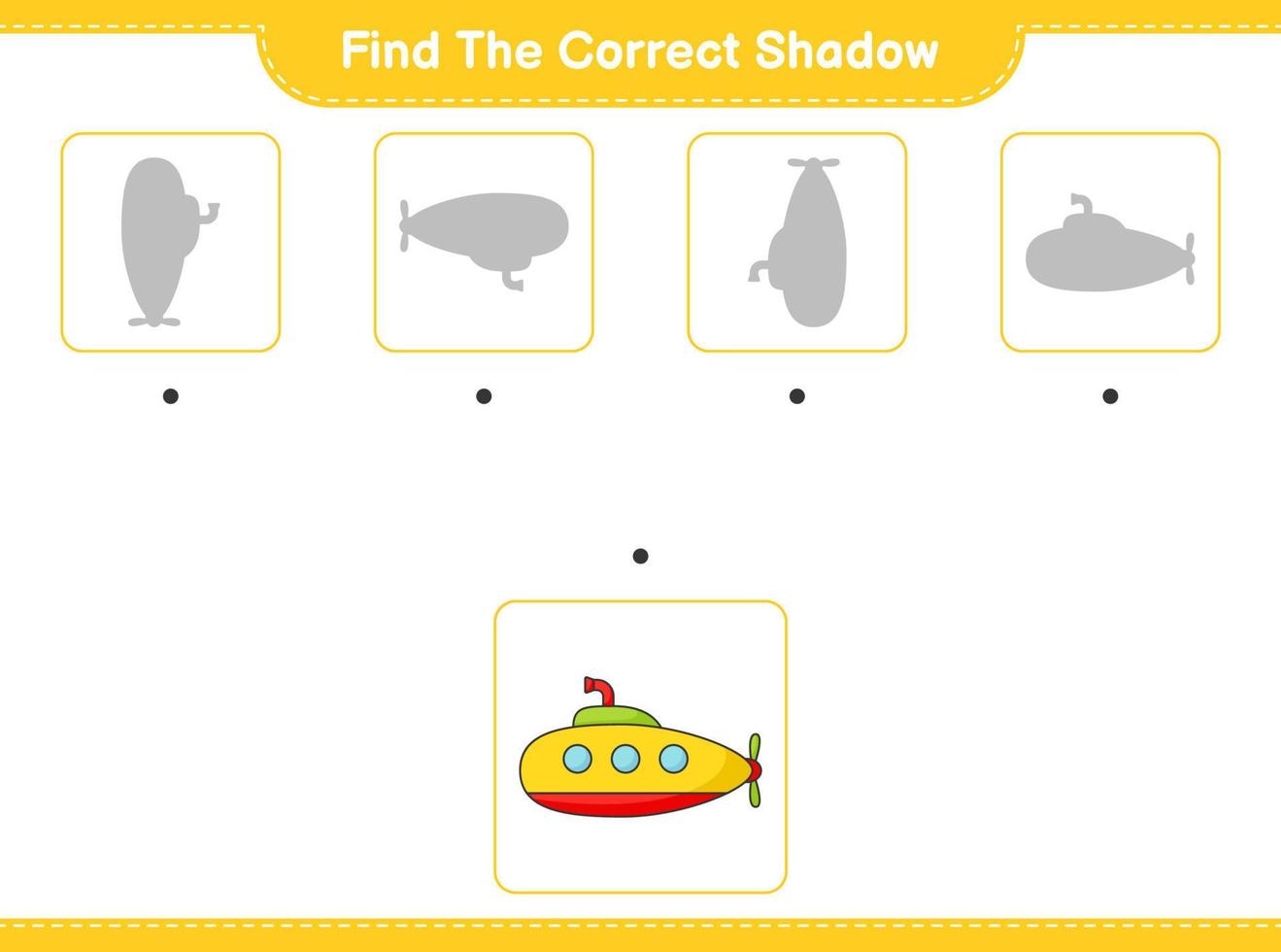 encontrar la sombra correcta. encuentra y combina la sombra correcta del submarino. juego educativo para niños, hoja de cálculo imprimible, ilustración vectorial vector