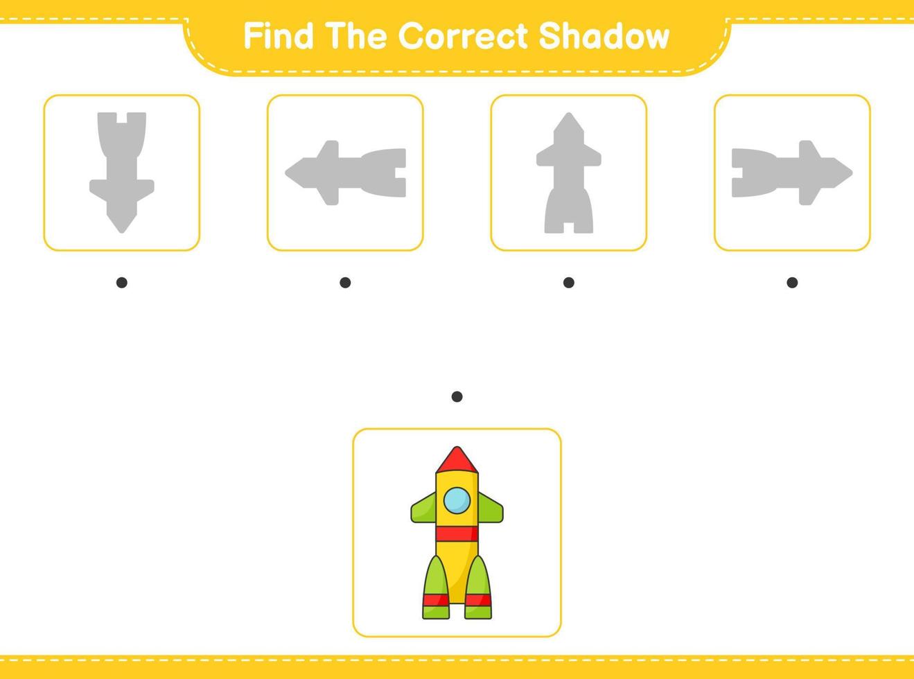 encontrar la sombra correcta. encuentra y combina la sombra correcta del cohete. juego educativo para niños, hoja de cálculo imprimible, ilustración vectorial vector