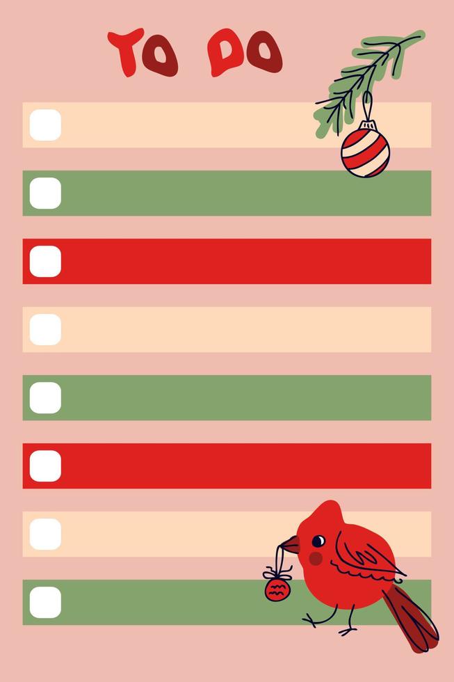 Todo list template with red cardinal bird and Christmas ornament. vector