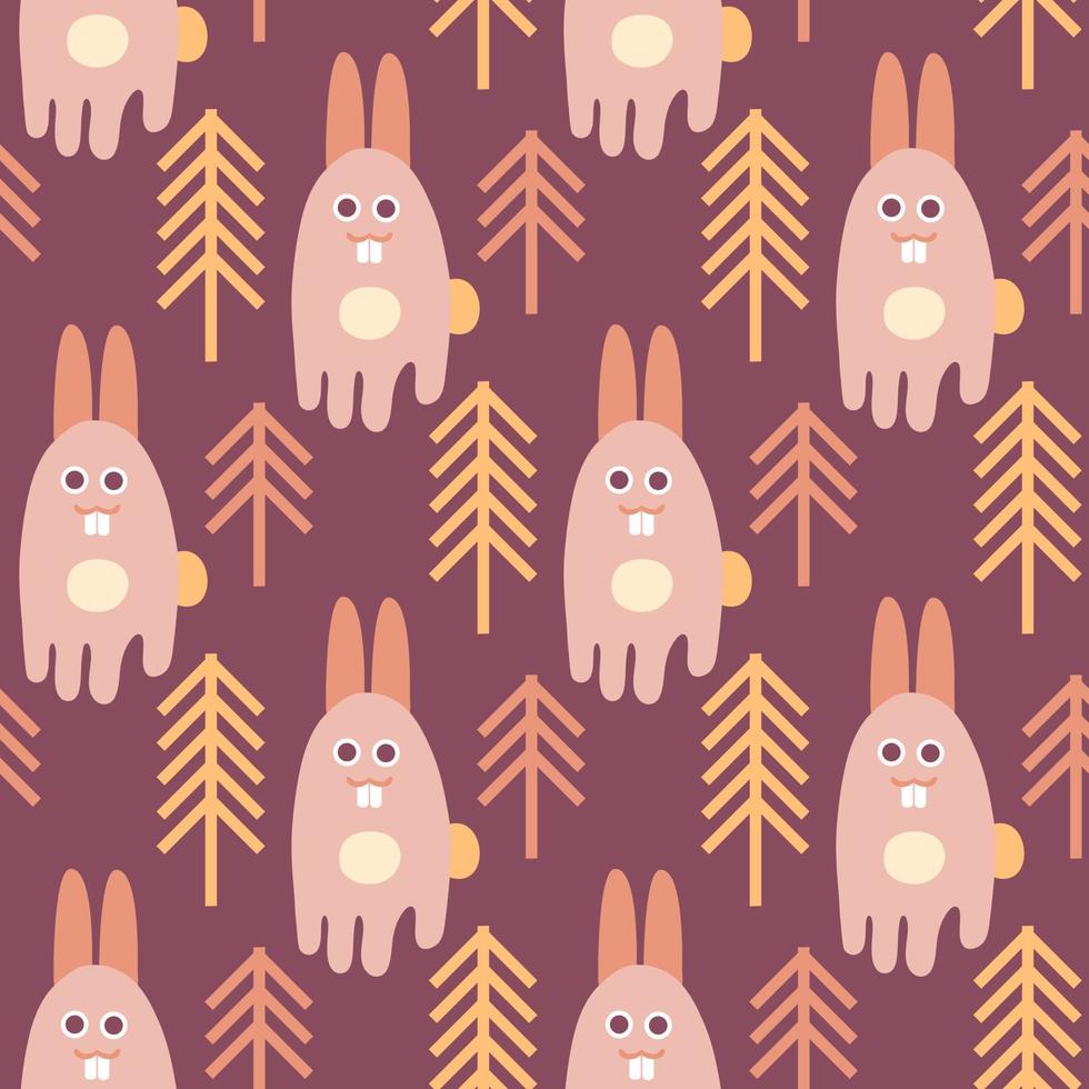 Seamless pattern with big teeth hares and Christmas trees. vector