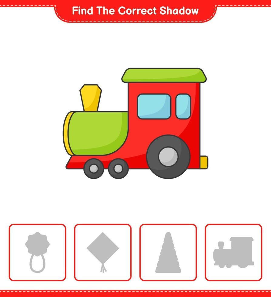 encontrar la sombra correcta. encuentra y combina la sombra correcta del tren. juego educativo para niños, hoja de cálculo imprimible, ilustración vectorial vector