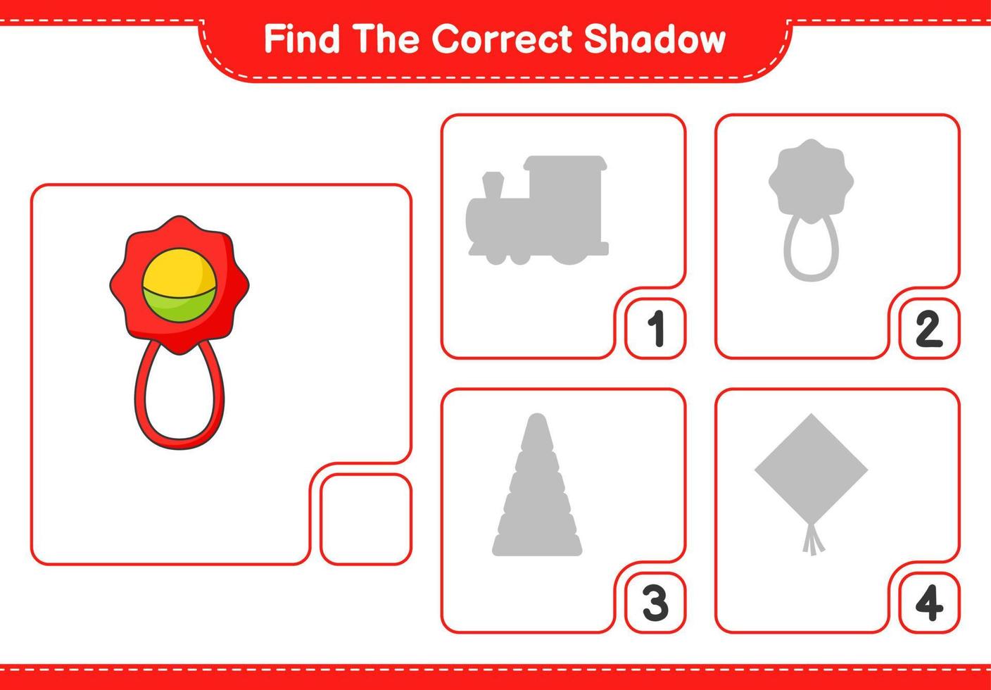 Find the correct shadow. Find and match the correct shadow of Baby Rattle. Educational children game, printable worksheet, vector illustration