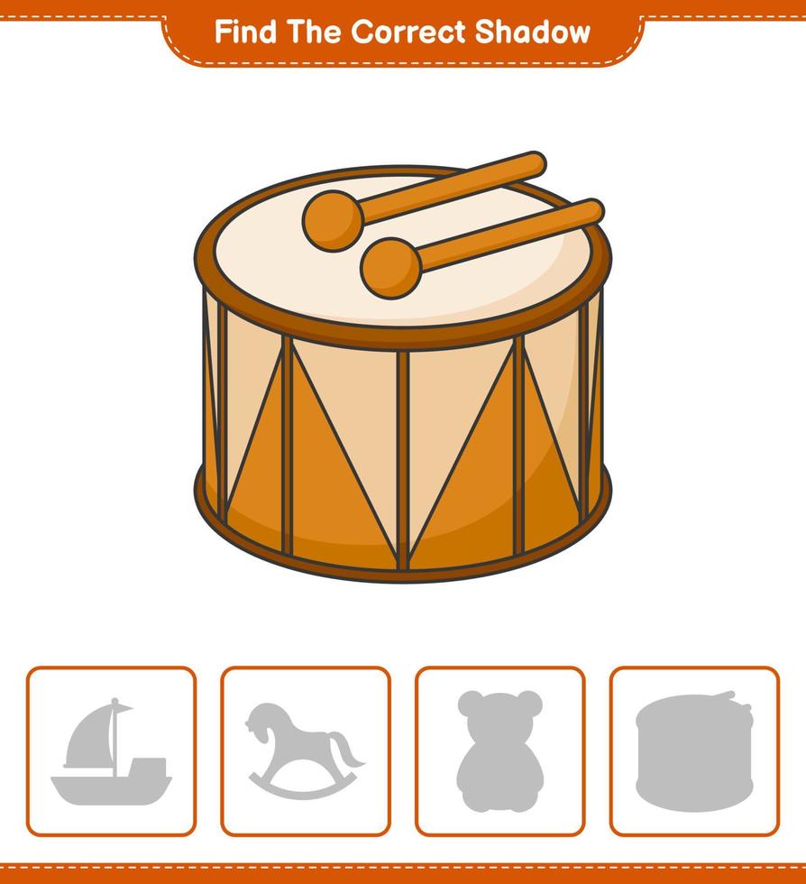 Find the correct shadow. Find and match the correct shadow of Drum. Educational children game, printable worksheet, vector illustration