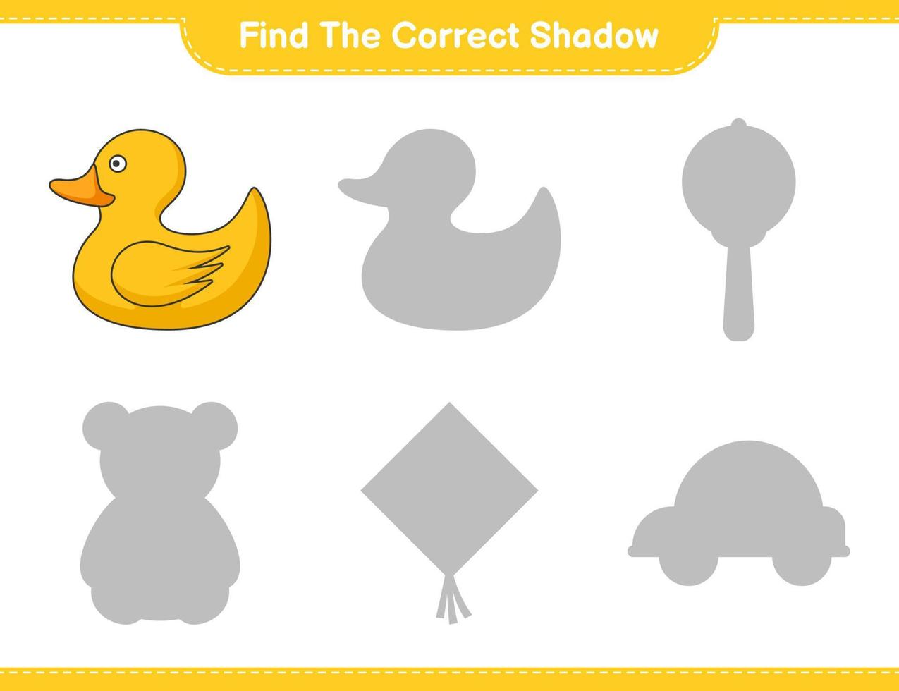 Find the correct shadow. Find and match the correct shadow of Rubber Duck. Educational children game, printable worksheet, vector illustration