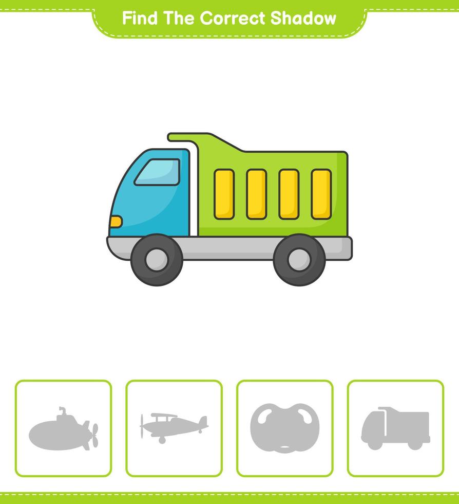 Find the correct shadow. Find and match the correct shadow of Lorry. Educational children game, printable worksheet, vector illustration