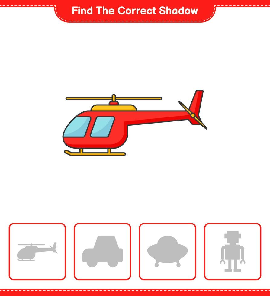 Find the correct shadow. Find and match the correct shadow of Helicopter. Educational children game, printable worksheet, vector illustration