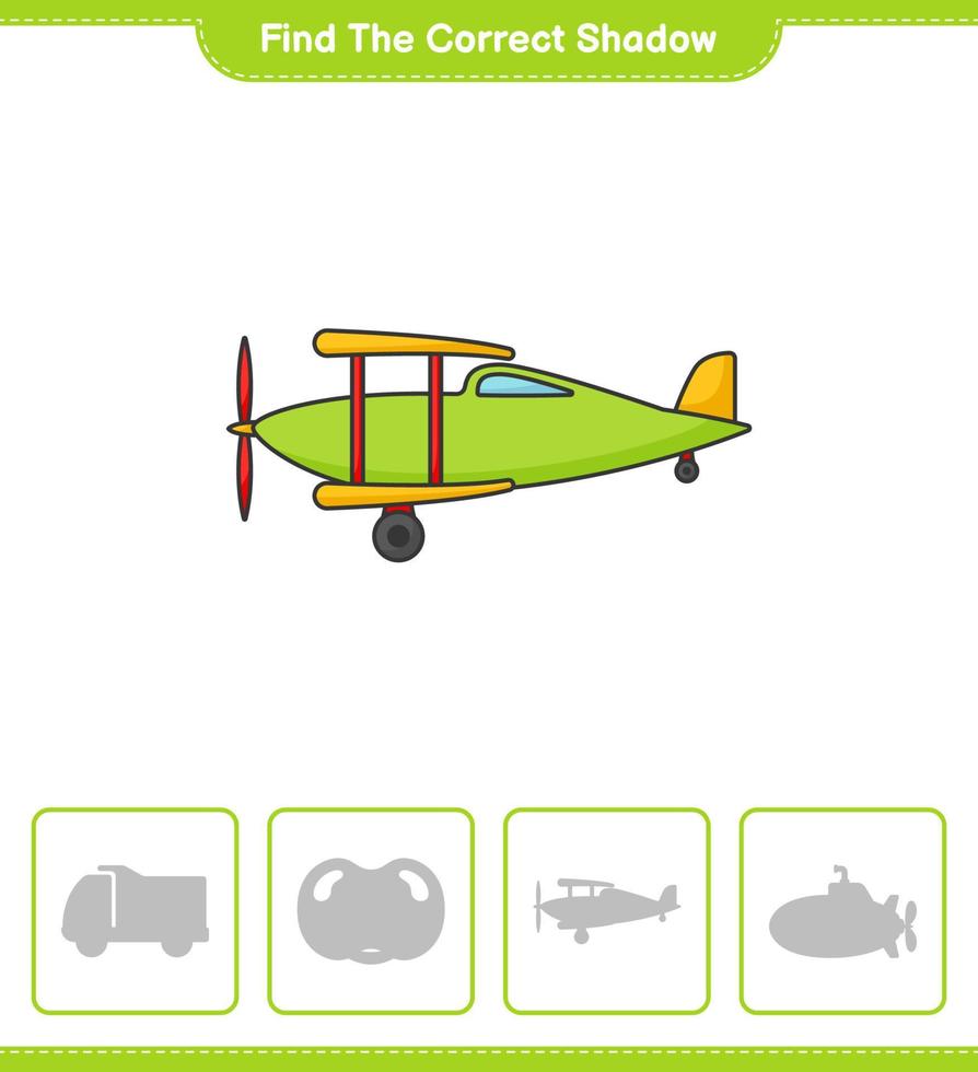 Find the correct shadow. Find and match the correct shadow of Plane. Educational children game, printable worksheet, vector illustration