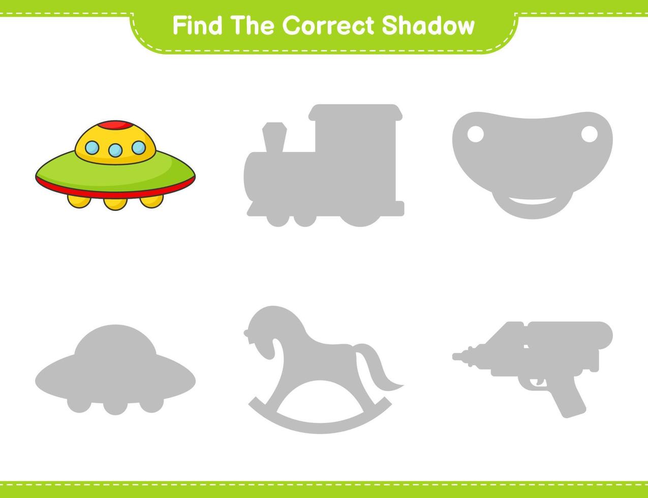encontrar la sombra correcta. encuentra y combina la sombra correcta del ovni. juego educativo para niños, hoja de cálculo imprimible, ilustración vectorial vector
