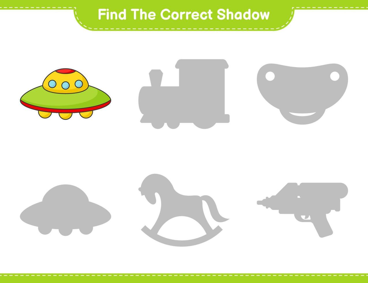 Find the correct shadow. Find and match the correct shadow of Ufo. Educational children game, printable worksheet, vector illustration
