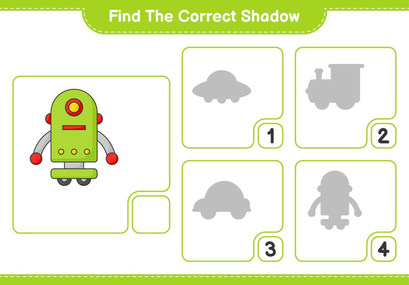 encontrar la sombra correcta. encuentra y combina la sombra correcta del personaje del robot. juego educativo para niños, hoja de cálculo imprimible, ilustración vectorial vector