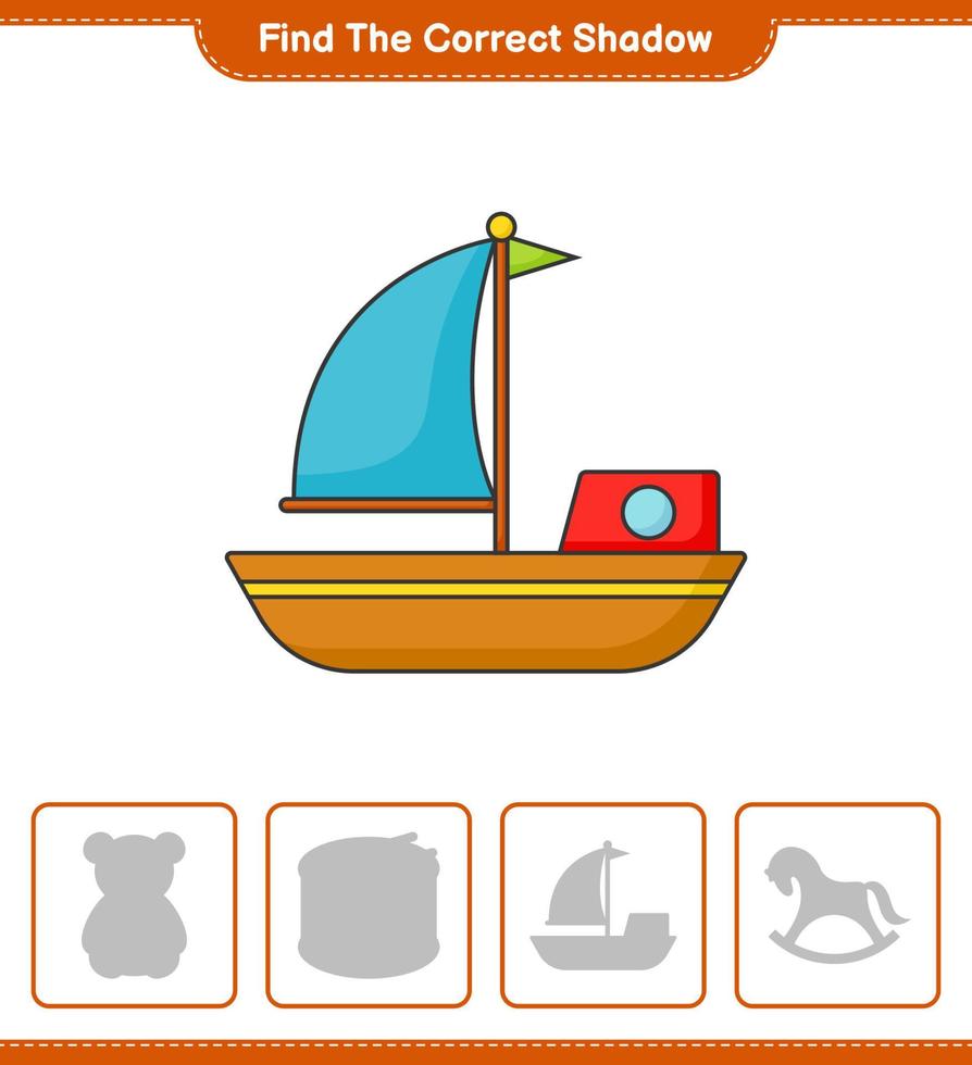 Find the correct shadow. Find and match the correct shadow of Boat. Educational children game, printable worksheet, vector illustration