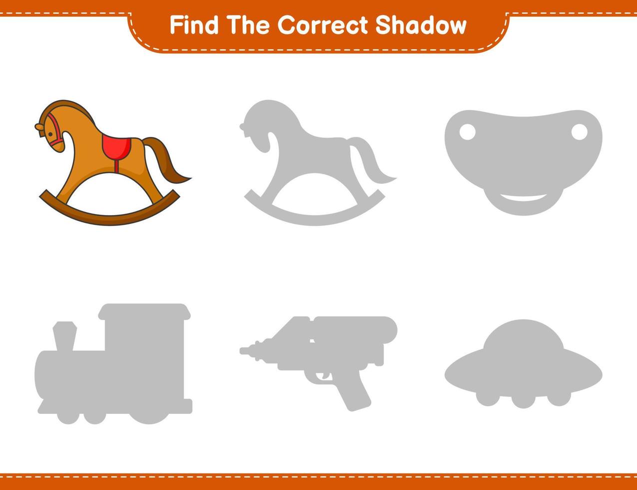 encontrar la sombra correcta. encuentra y combina la sombra correcta del caballito balancín. juego educativo para niños, hoja de cálculo imprimible, ilustración vectorial vector