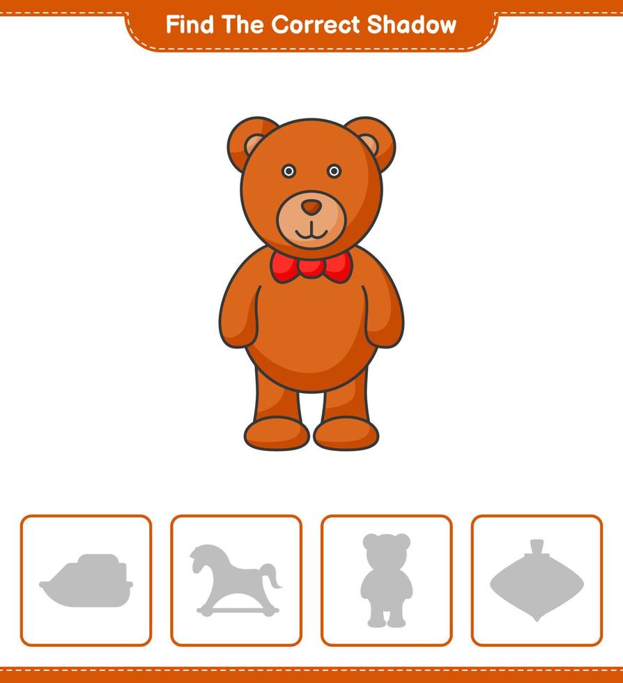 Find the correct shadow. Find and match the correct shadow of Teddy Bear. Educational children game, printable worksheet, vector illustration