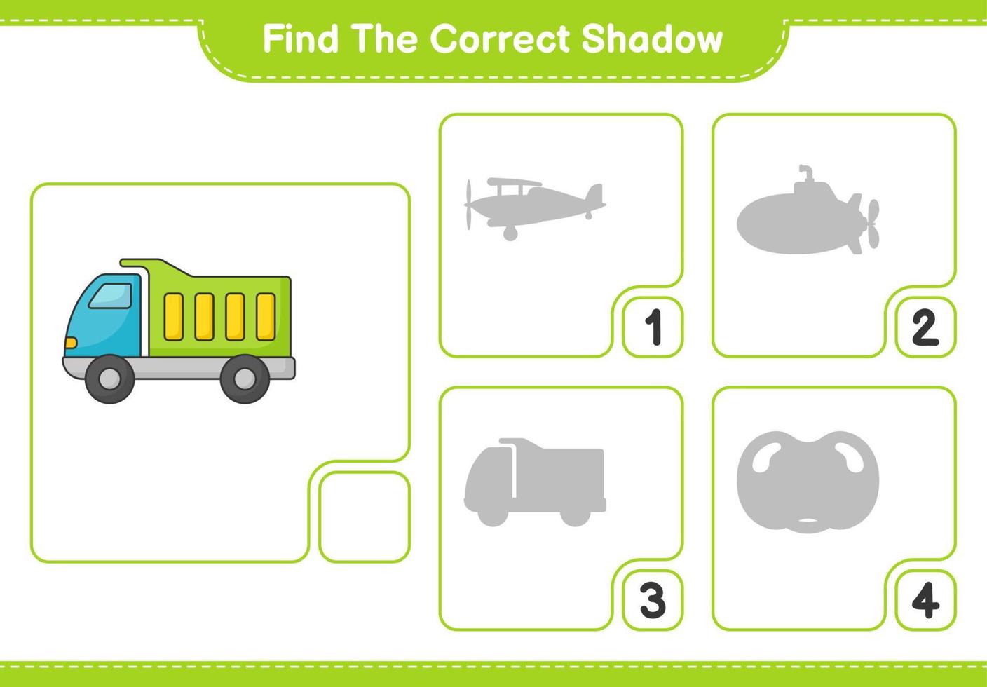 Find the correct shadow. Find and match the correct shadow of Lorry. Educational children game, printable worksheet, vector illustration