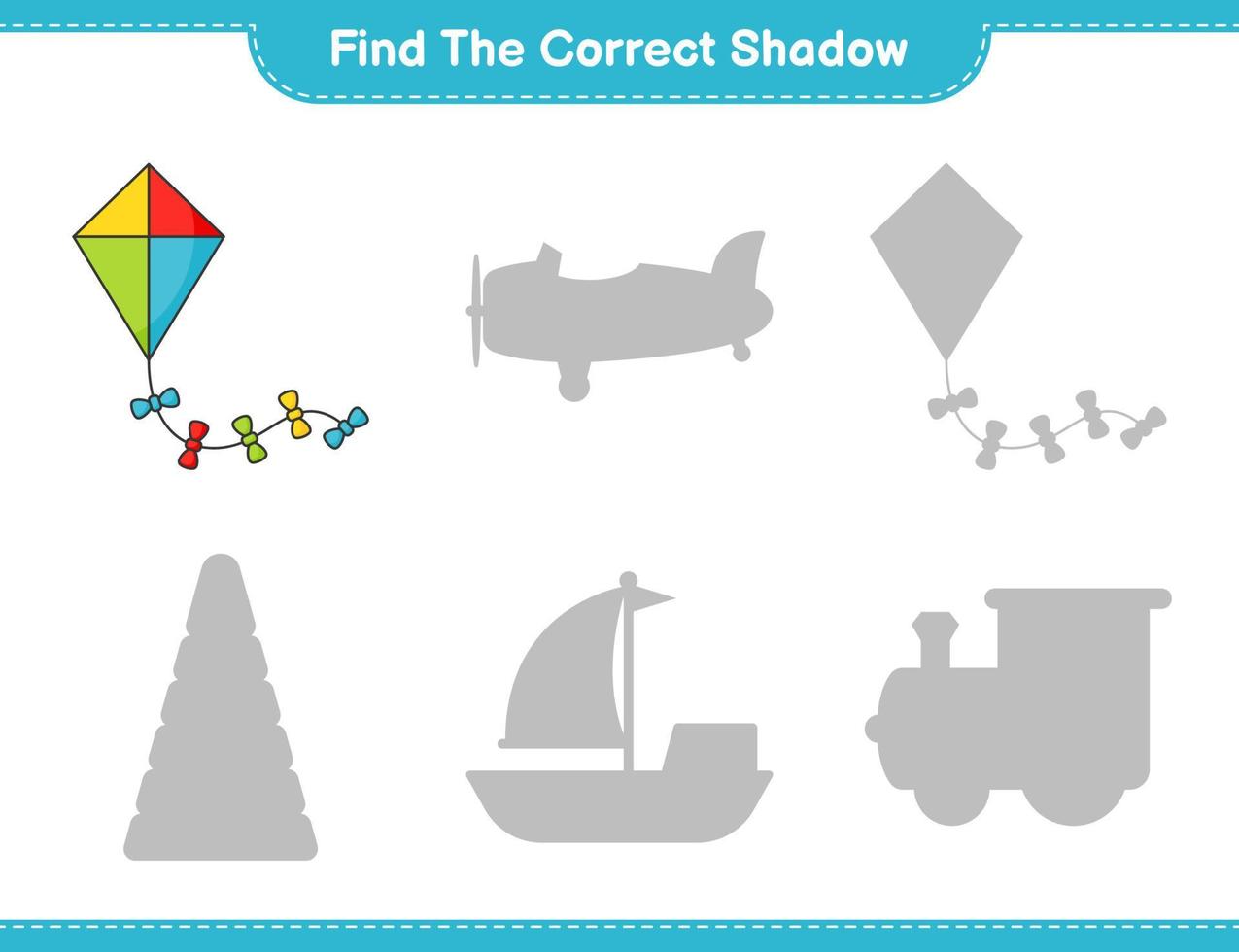 encontrar la sombra correcta. encuentra y combina la sombra correcta de la cometa. juego educativo para niños, hoja de cálculo imprimible, ilustración vectorial vector