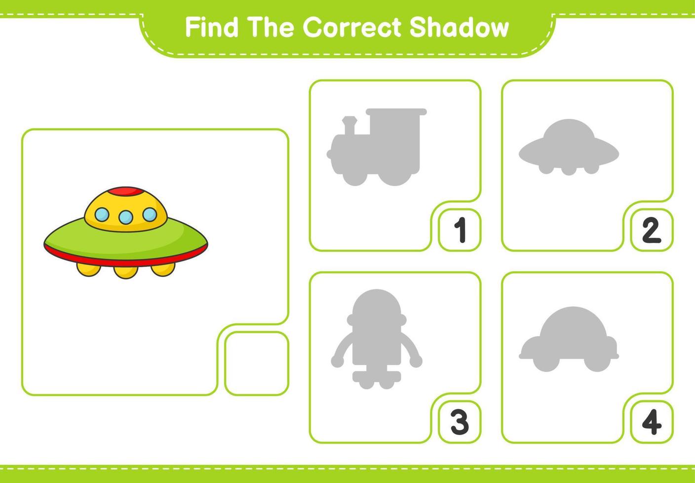 Find the correct shadow. Find and match the correct shadow of Ufo. Educational children game, printable worksheet, vector illustration