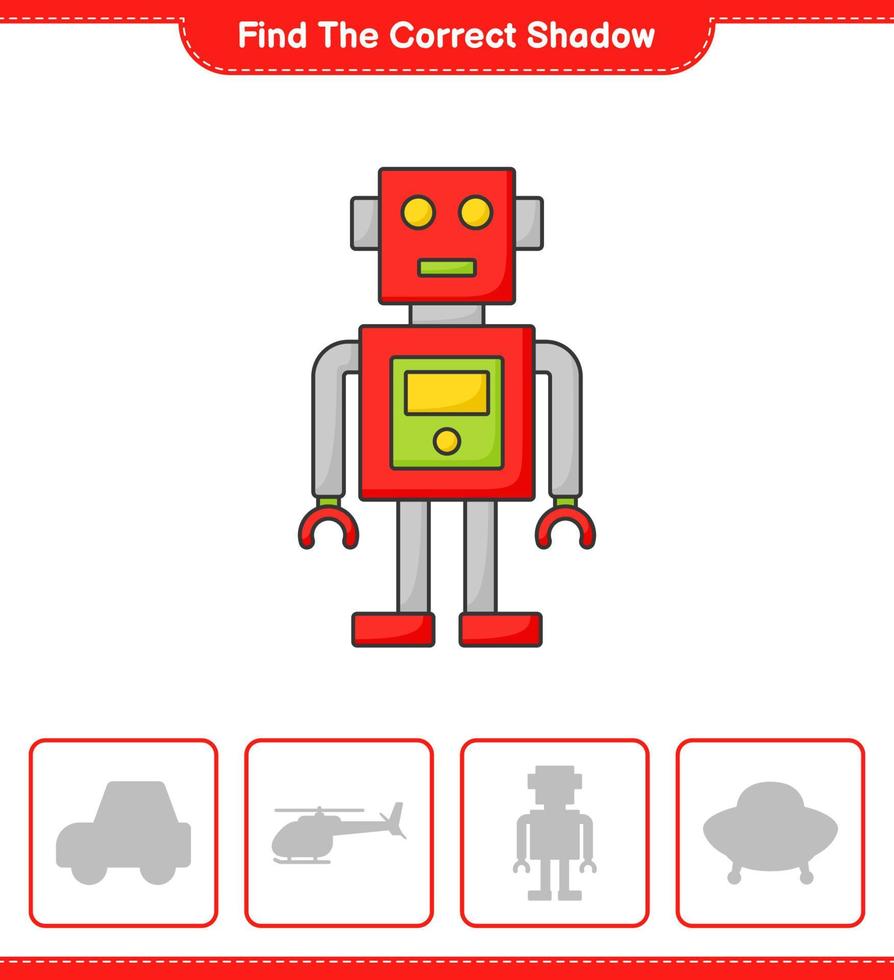 Find the correct shadow. Find and match the correct shadow of Robot Character. Educational children game, printable worksheet, vector illustration