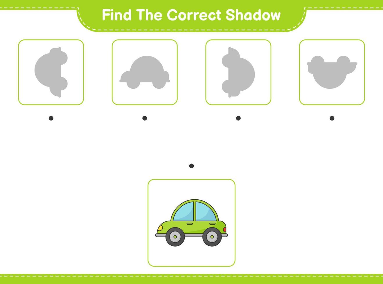 encontrar la sombra correcta. encontrar y hacer coincidir la sombra correcta del coche. juego educativo para niños, hoja de cálculo imprimible, ilustración vectorial vector