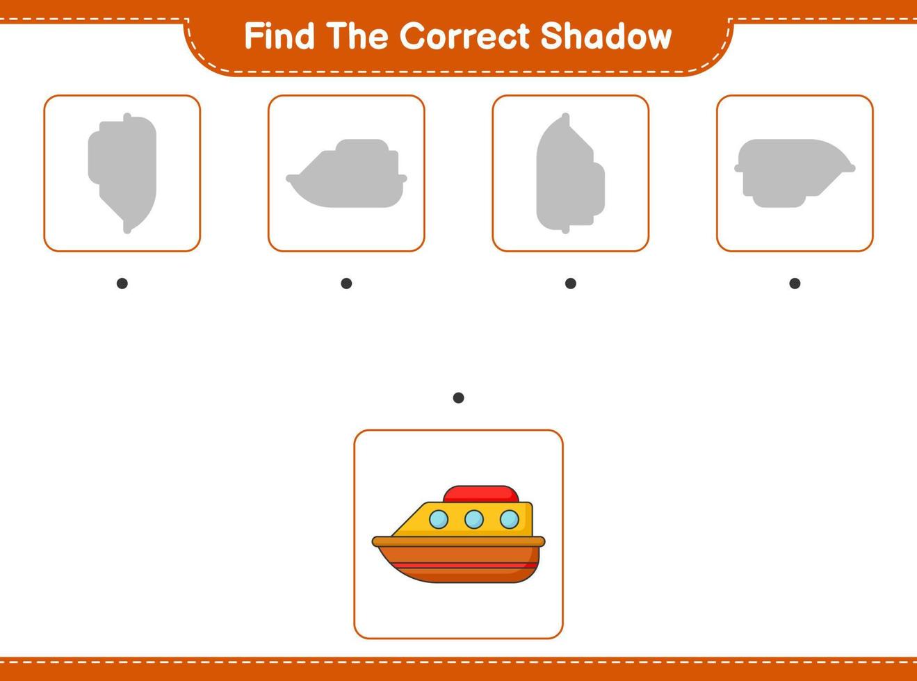 Find the correct shadow. Find and match the correct shadow of Boat. Educational children game, printable worksheet, vector illustration