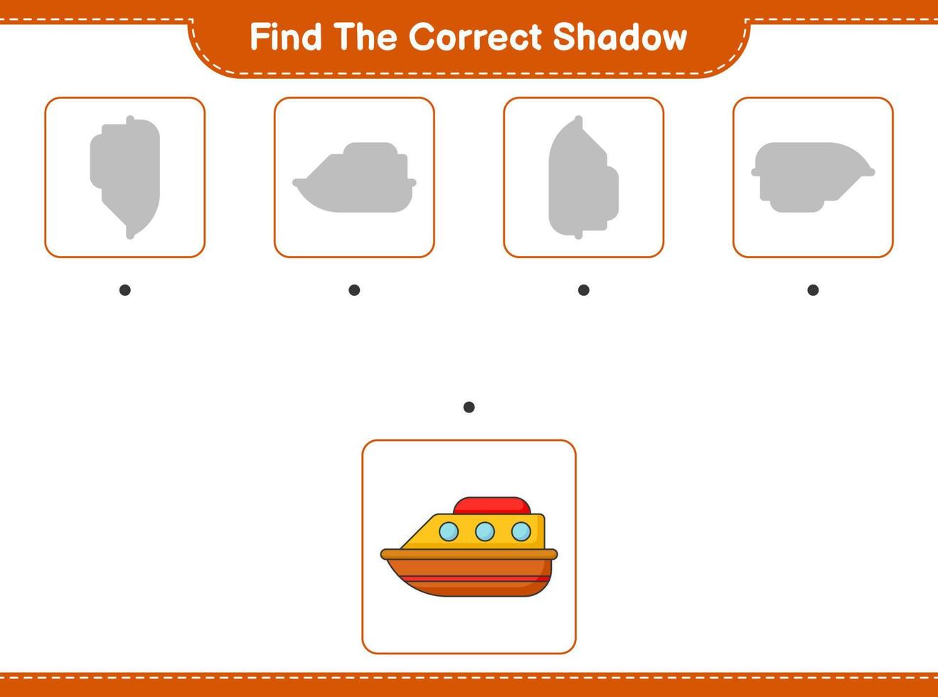 encontrar la sombra correcta. encuentra y combina la sombra correcta del barco. juego educativo para niños, hoja de cálculo imprimible, ilustración vectorial vector