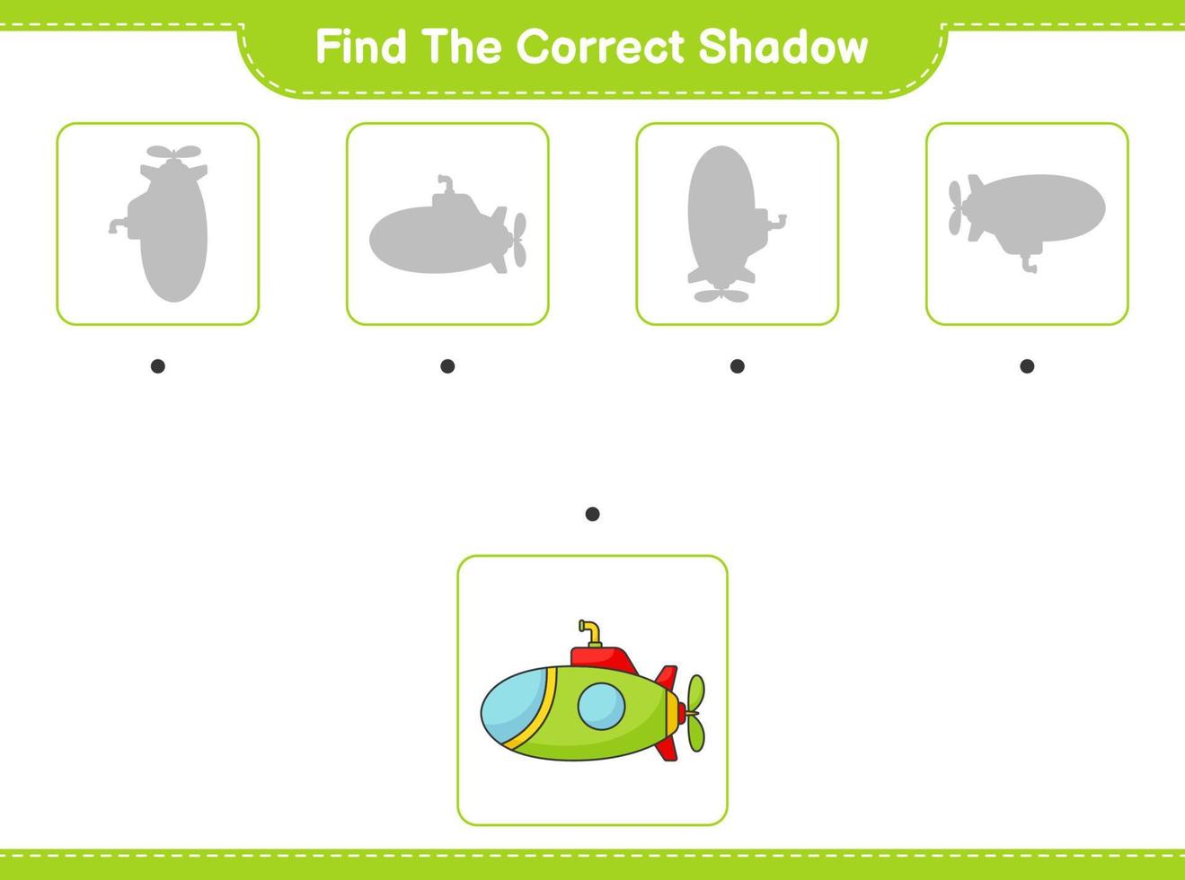 Find the correct shadow. Find and match the correct shadow of Submarine. Educational children game, printable worksheet, vector illustration