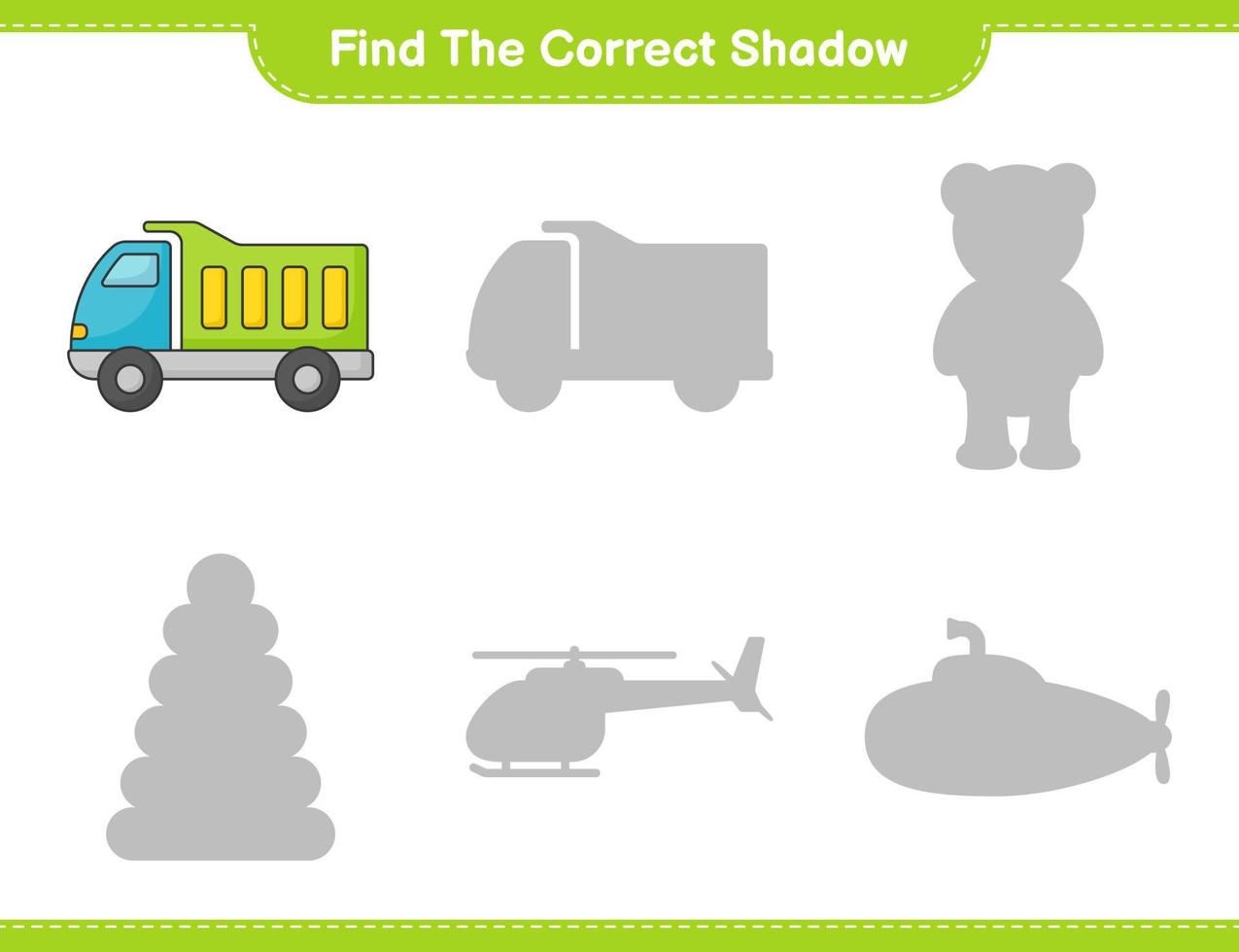 Find the correct shadow. Find and match the correct shadow of Lorry. Educational children game, printable worksheet, vector illustration