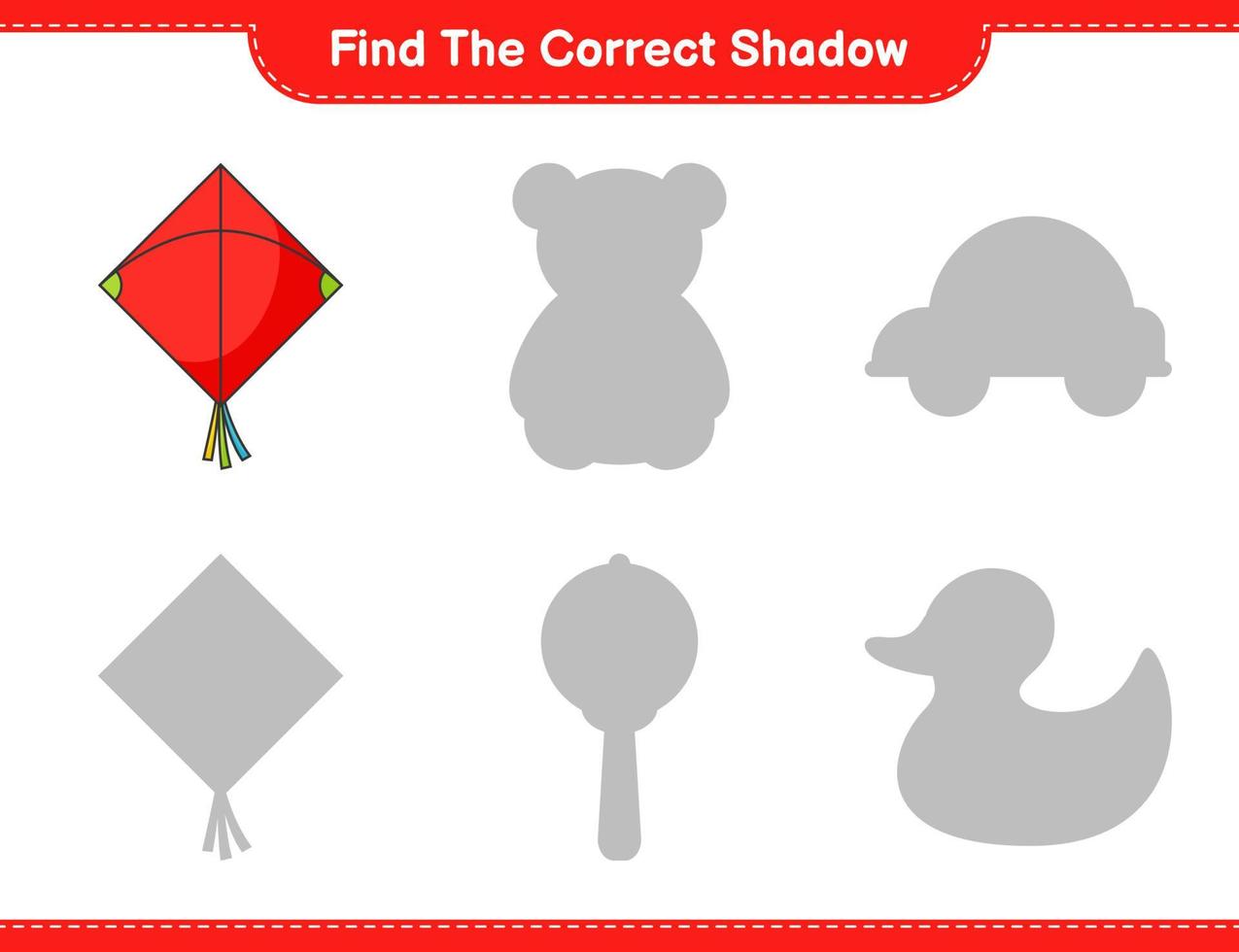 encontrar la sombra correcta. encuentra y combina la sombra correcta de la cometa. juego educativo para niños, hoja de cálculo imprimible, ilustración vectorial vector