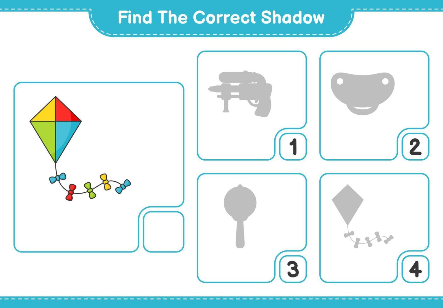 encontrar la sombra correcta. encuentra y combina la sombra correcta de la cometa. juego educativo para niños, hoja de cálculo imprimible, ilustración vectorial vector