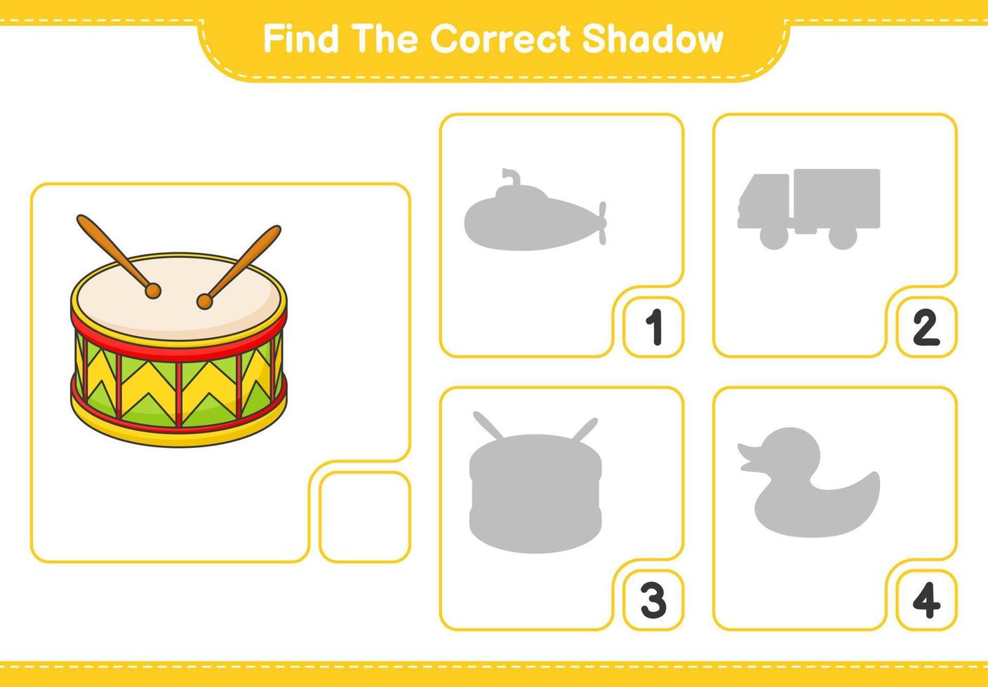 Find the correct shadow. Find and match the correct shadow of Drum. Educational children game, printable worksheet, vector illustration