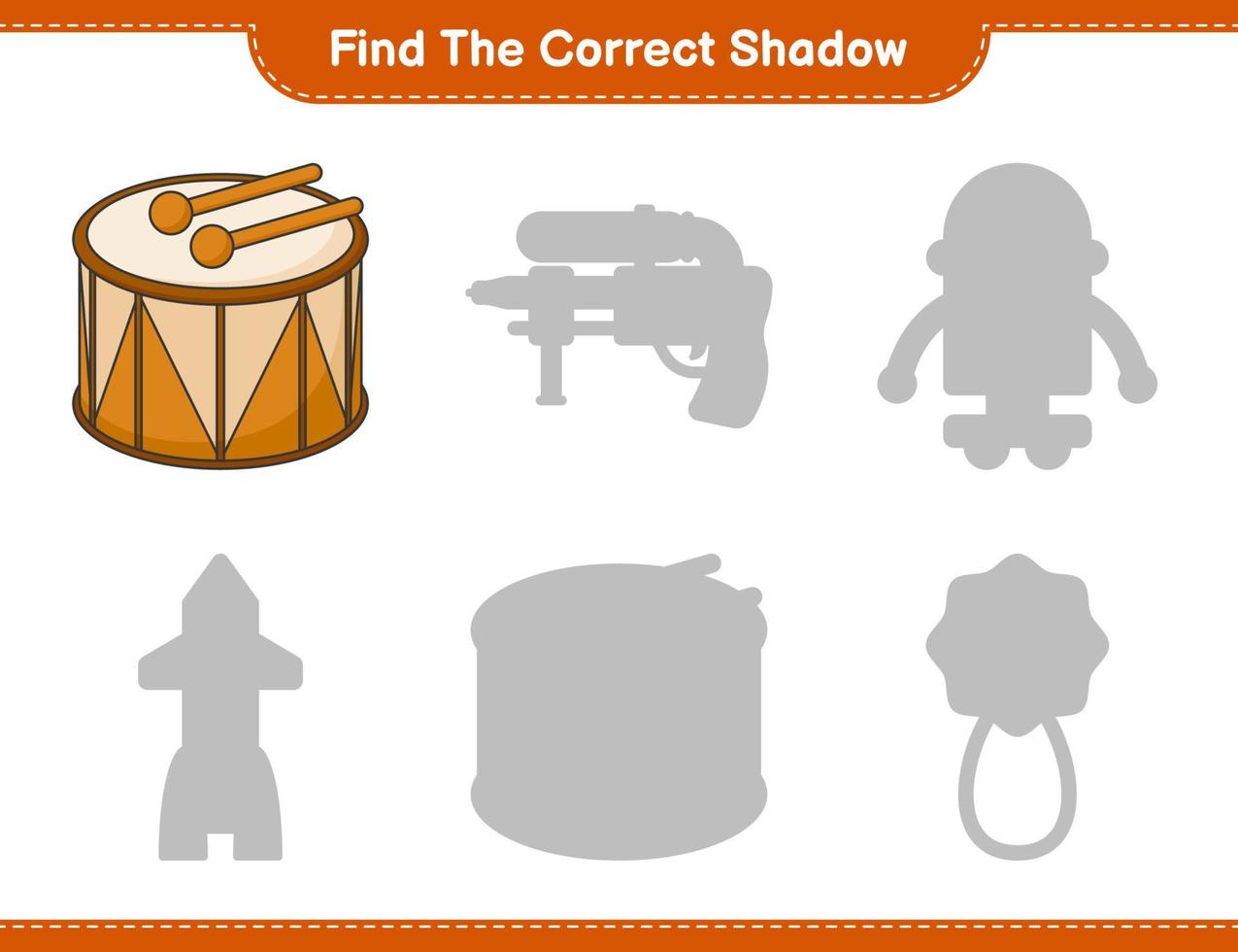 Find the correct shadow. Find and match the correct shadow of Drum. Educational children game, printable worksheet, vector illustration